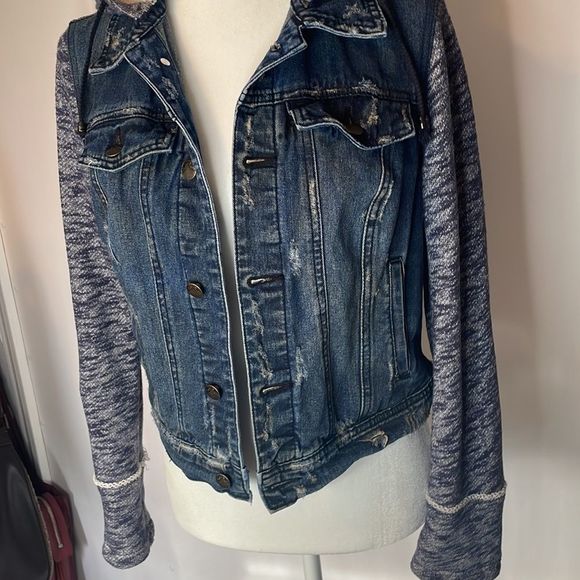 Free People distressed denim hooded jacket - Picture 2 of 16